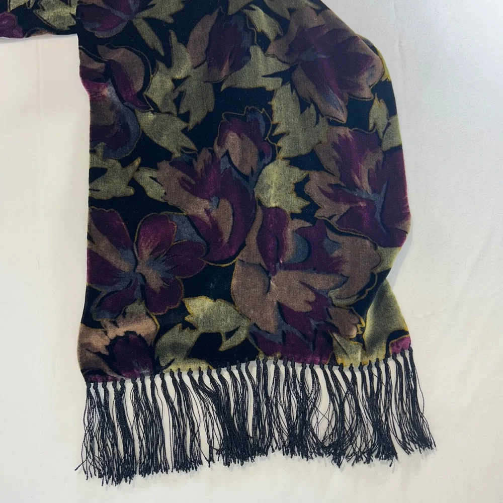 Vintage Whimsigoth Dark Academia Floral Scarf OS Silk Velvet Fringe Purple Green